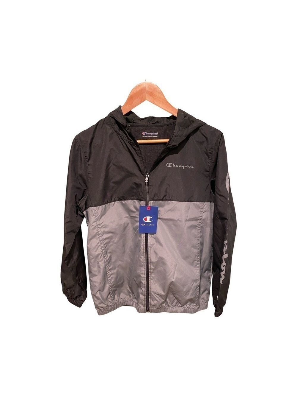 Champion Boy's Black & Gray Hooded Windbreaker Jacket NWT Size L